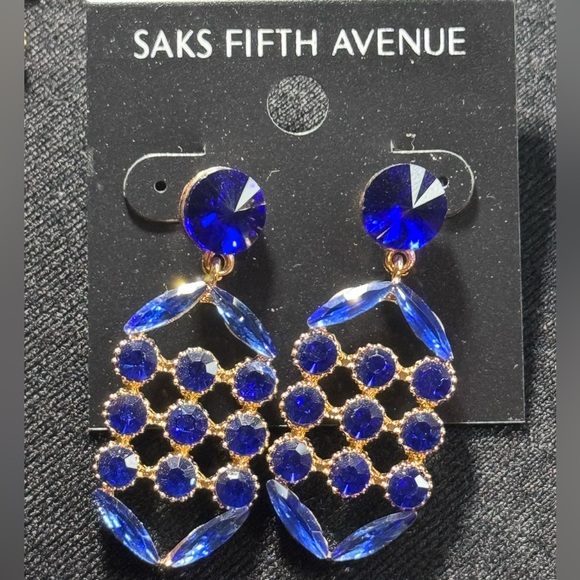 Glamorous Saks Fifth Avenue Blue Crystal Post With Dangle Waffle Design 2in - Picture 4 of 9